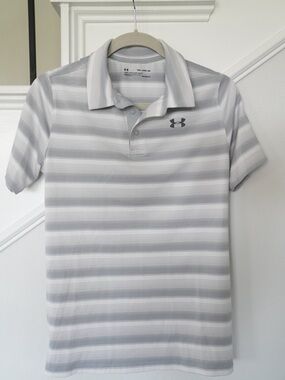 Under Armour HeatGear Striped Polo Shirt Youth XL Gray White Golf Athletic